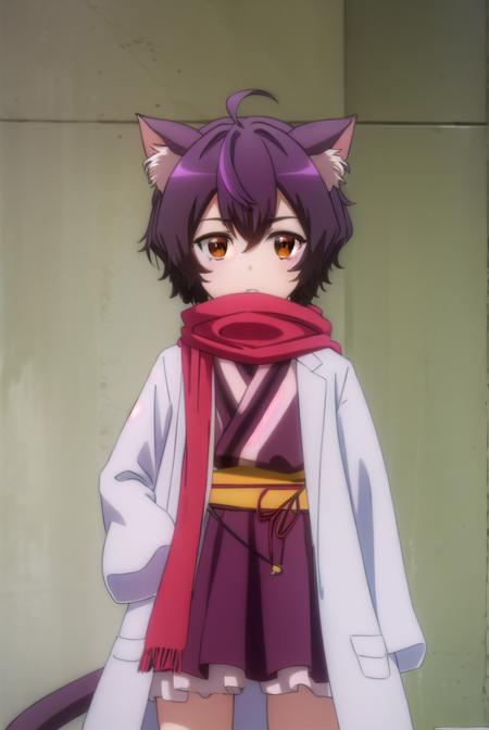 origacalmeria, <lora:origa calmeria s2-lora-nochekaiser:1>,
origa calmeria, short hair, purple hair, animal ears, (brown eyes:1.5), ahoge, cat ears, cat girl,
BREAK tail, japanese clothes, scarf, cat tail, sleeves past wrists, sleeves past fingers, labcoat, bandaged leg,
BREAK indoors,
BREAK looking at viewer, (cowboy shot:1.5),
BREAK <lyco:GoodHands-beta2:1>, (masterpiece:1.2), best quality, high resolution, unity 8k wallpaper, (illustration:0.8), (beautiful detailed eyes:1.6), extremely detailed face, perfect lighting, extremely detailed CG, (perfect hands, perfect anatomy),