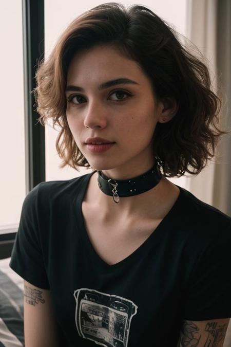 (analog photo:1.1), (a punk catgirl:1.15), (cat ears:1.1), brown short curly hair, (black t-shirt:1.15), (20 years old, young:1.2), petite, (pubic hair:1.1), choker, cream eyeliner, european, cozy bedroom, (neon glow, cyberpunk:1.2), waves, warm colors, (inviting expression:1.05), RAW Photograph, dslr, soft lighting, high quality, film grain, Fujifilm XT3, (nsfw:1.1), insane details, masterpiece, 8k, 35mm photograph, dslr, kodachrome, vignette, vintage, Kodachrome, Lomography, stained, highly detailed, found footage