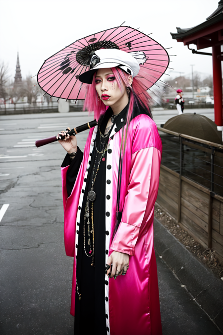 Vkei_Realism, 1boy, genderless, Miyavi, solo, long hair, hat, holding, pink hair, parted lips, japanese clothes, nail polish, lips, tattoo, makeup, umbrella, lipstick, eyeshadow, smoking, oil-paper umbrella, smoking pipe, kiseru<lora:Vkei_Realism:0.75>