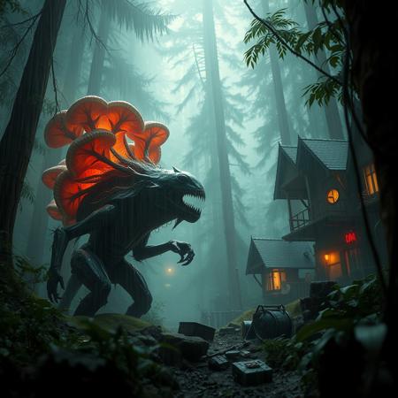 (masterpiece sci-fi dark gritty hyperrealisitic concept art 8k)  alien fungi animal attacking a mecha in a scifi indigenous forest town, menacingly close up,   atmospheric rain, godlike lighting, dappled light forest