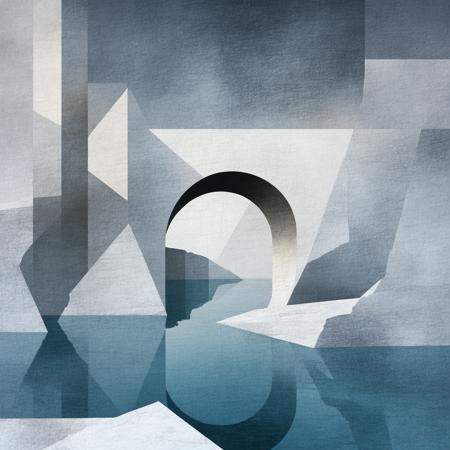 Aerial perspective overlooks a fractured waterfront: angular planes of chalk-white and slate cascade into a still mercury-toned bay, their jagged edges dissolving into mist. Cubist distortions fragment the horizon into intersecting triangles and rhomboids, echoing Picasso’s analytic phase fused with Tamara de Lempicka’s sleek minimalism. The palette hinges on bleached cobalt shadows and whispers of burnt umber, backlit by a diffused saffron glow that etches geometric halos onto the water’s matte, inkblot surface. A lone silhouetted arch—sliced by intersecting black lines—floats mid-air, its reflection shattered into monochrome shards that ripple with ghostly symmetry.
