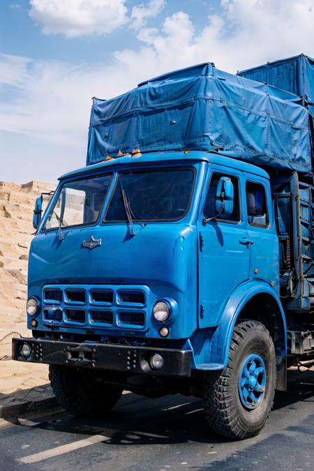 photo RAW,( <lora:maz500:0.75>, a blue truck rides on road in Egypt,Realistic, realism, hd, 35mm photograph, 8k), masterpiece, award winning photography, natural light, perfect composition, high detail, hyper realistic