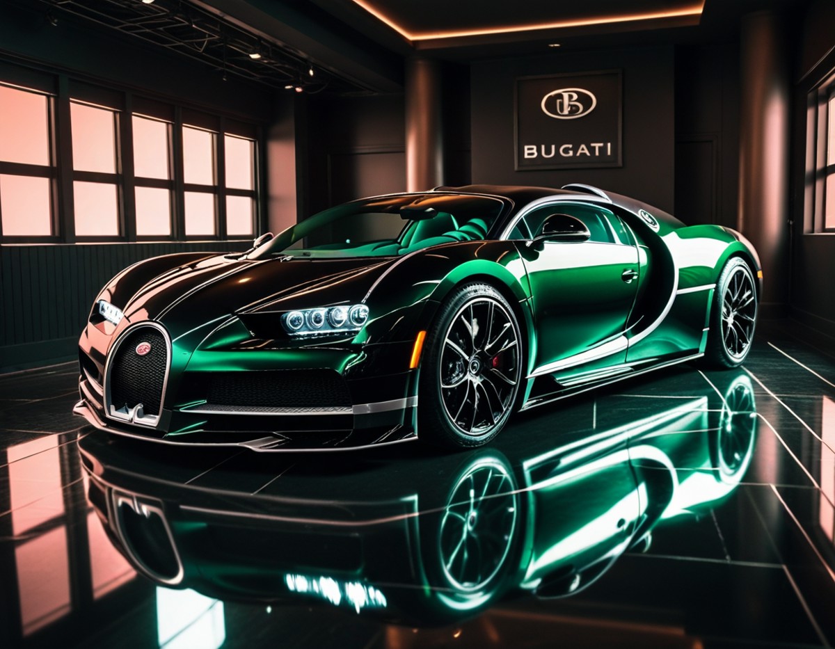 A stock photo of a lowered glossy metallic black,green  Bugatti Centodieci  in a dark luxurious room, shiny floor, RGB rim...