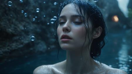 Ethereal pale skin woman perfect cinematic lightning, eyes closed, ethereal vibes, bioluminescent bubbles roaming near her head.  background as the deep undergrounds of water, with ominous atmosphere. She is beautiful, royal blue colored skin, dark haired (perfect hair), human-like face and body. Great proportions, perfect body measurements perfect body. Hyper realistic photography, vibrant colors, focus on the woman, blur background.  Hyper-detailed textures, surreal atmosphere. <lora:CinematicStyle_v1:0.3>  <lora:add-detail-xl:1>