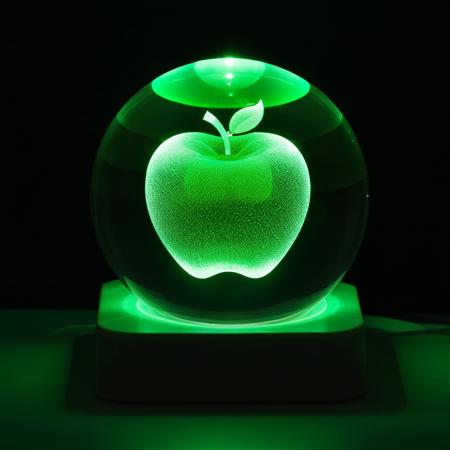 a crystal ball with a apple inside of it,green night light, photo <lora:CrystalBall_1.0:1>