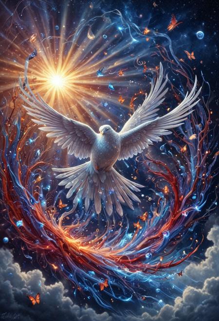 celestial marble dove , Made of CosmicStyle, flying through liquid sky,  dynamic pose, tiny dove crafted from , building a nest of tangled stems and soft pollen puffs, perched on a branch surrounded by glowing sun rays and butterflies, SDXL, whimsical and radiant  clouds melting into ribbons of color, fluid feathers shimmering with white blue and red hues, glowing eyes, dynamic wings of flowing liquid, painterly lighting, vast fantasy environment, surreal atmosphere, highly detailed, magical realism, CosmicStyle