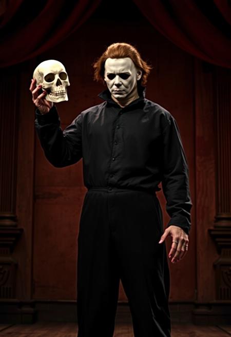 realistic, stage of an old theater background, Halloween's Michael Myers appears in full costume  holding a skull with one hand, replicating Shakespeare's Hamlet scene.