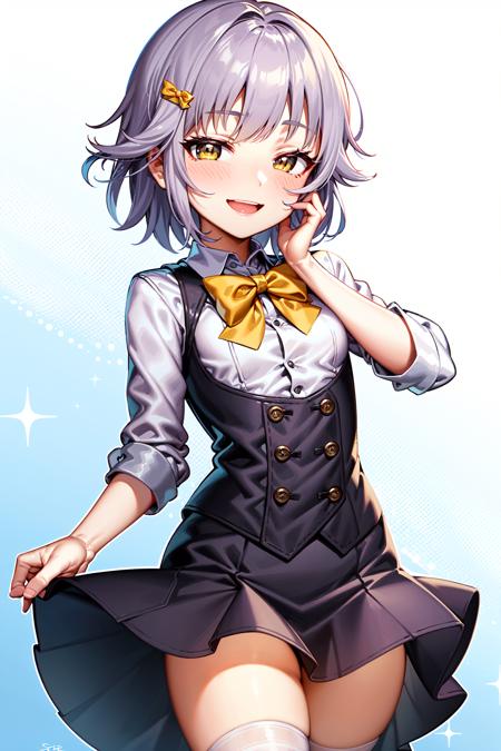 <lora:koshimizu_sachiko:1>koshimizu_sachiko, (small breasts:1.5),  1girl, blush, short hair, purple hair, brown_eyes, hairclip, (yellow bowtie), white background, (hand_on_own_face), looking_at_viewer, open_mouth, skirt, skirt_lift, smile, thighhighs, burgundy skirt,