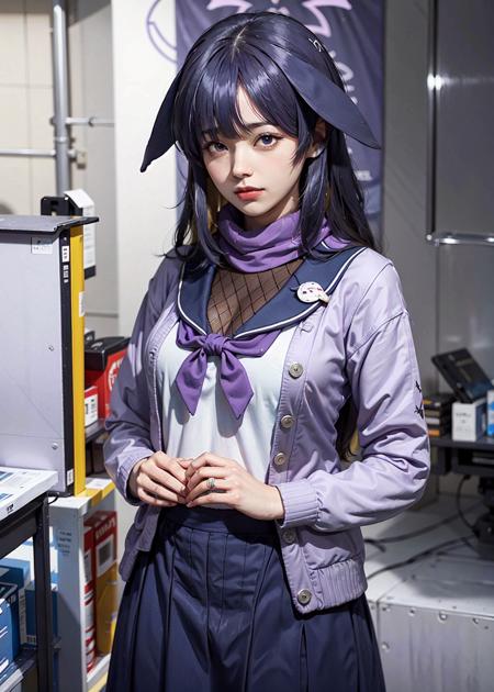 <lora:tsukuyo_v1.0:0.6>,tsukuyo\(blue archive\),long_hair,purple_hair, purple_eyes,hair_over_one_eye, halo,long dress, serafuku,sailor_collar,fishnets, neckerchief,cardigan, bandaged_leg,, masterpiece, best quality, extremely detailed face, sharp details, high contrast,