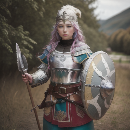 a vicking, standing in front  of medieval village, rainbow hair, full-length photo, 70mm lens, symmetrical, posing, sharp, textured skin,  realistic,intricated detailed ,(perfect fingers:1.2),  photographed by a Nikon Z7 II Camera,8k uhd,     <lora:Vicking-000006:0.8>