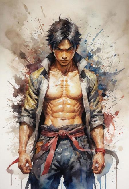 by Shotaro Ishinomori,  (shiny, artstyle-watercolor but extremely beautiful:1.4), (intricate details, masterpiece, best quality:1.4) , in the style of nicola samori, 
long hu men style 2D art, Vibrant, dynamic, arcade, 2D fighting game, highly detailed, reminiscent of Street Fighter series,, looking at viewer