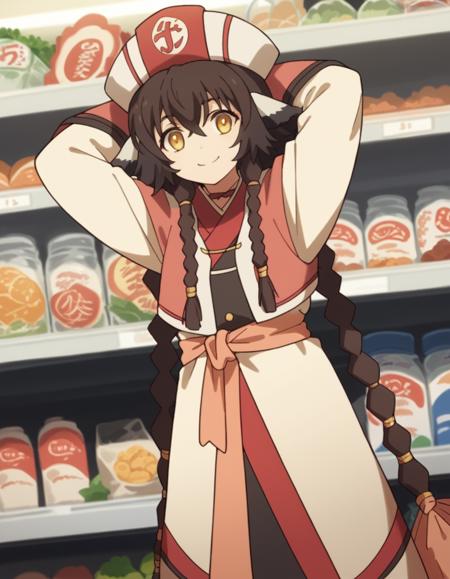 anju, long hair, brown hair, black hair, animal ears, hair between eyes, yellow eyes, braid, twin braids, medium breasts, hat, robe, long sleeves,