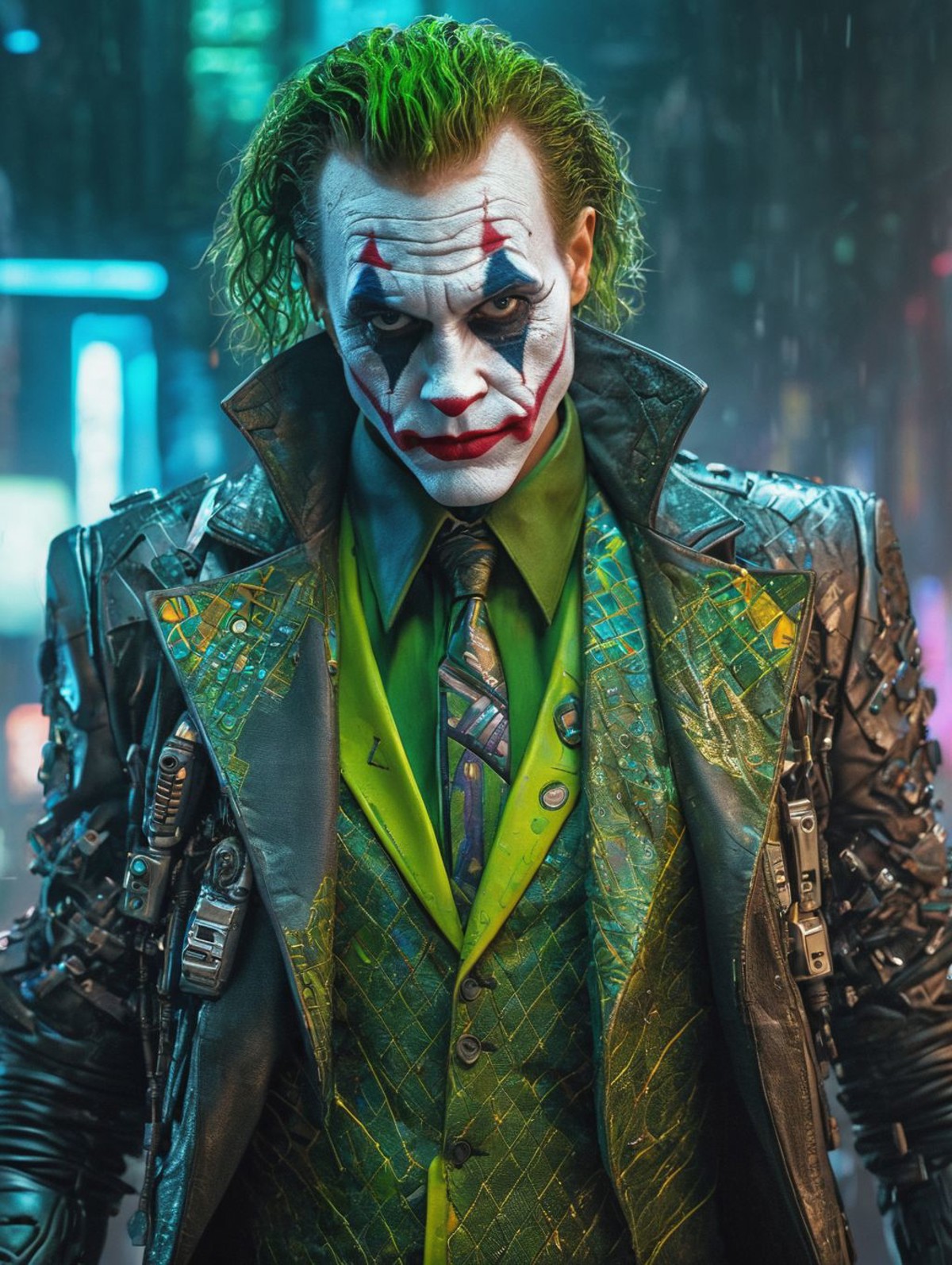 In the cyberpunk world, a transformed joker, with cybernetic enhancements, full body, perfect composition, hyperrealistic,...