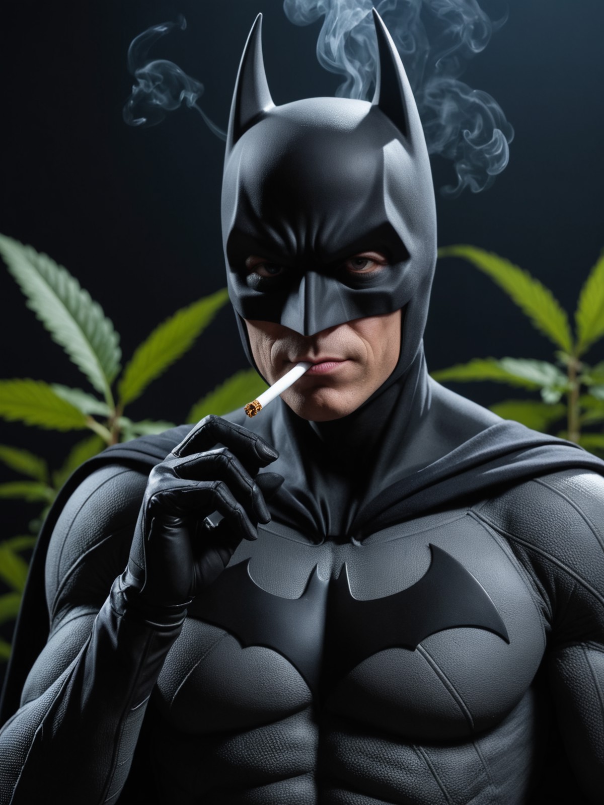 (Batman, DC Comics:1.2) smoking cigarette,  an 8K  RAW photograph of the masked batman,  enjoying his marijuana photography