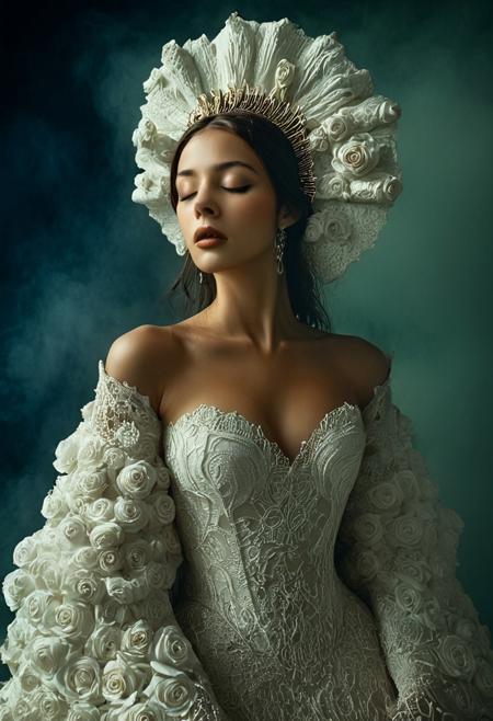 This is a highly detailed, surreal photograph with a dramatic, ethereal quality, reminiscent of high-art fashion photography. The subject is a woman standing in profile, dressed in an elaborate, ornate gown adorned with intricate floral patterns. The dress is predominantly white, covered in large, stylized roses that appear almost sculptural, adding a three-dimensional texture to the fabric. The gown's sleeves are long and fitted, with intricate lace and embroidery details. The woman's head is crowned with an enormous, flowing, scalloped headdress made of the same white material, resembling a giant, stylized flower or a fan, which adds to the surreal, fantastical atmosphere of the image.
The woman's face is serene, with a closed eyes and slightly parted lips, giving an enigmatic, almost statuesque appearance. Her skin tone is a warm, rich brown, contrasting beautifully with the cool, ethereal tones of the gown and headdress. The background fades from a deep, dark blue to a light, misty green, creating a gradient effect that enhances the ethereal quality of the image. The lighting is soft and diffused, casting a soft glow over the scene, with a slight golden undertone that adds warmth and depth.