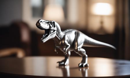 cinematic film still <lora:silvercarvingcd_xl-000005:0.3>,a handmade model toy of a tyrannosaurus made of (silvercarvingcd_xl,silver carving,shiny:1.3) in office,no humans,long-focus,tilt-shift,indoors,full body,chinese zodiac,wooden table,cutie,cute,still life,animal statue,front view,facing viewer,looking at viewer . shallow depth of field, vignette, highly detailed, high budget, bokeh, cinemascope, moody, epic, gorgeous, film grain, grainy, 8K, HDR, UHD, masterpiece, best quality, highly detailed, high resolution, finely detail, extremely detailed, ultra detailed, wallpaper