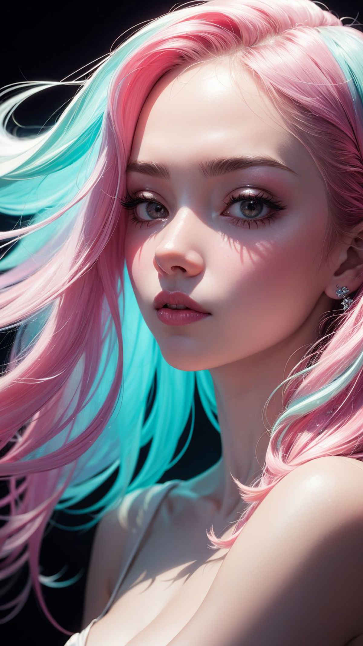 A girl with pink and blue hair has turquoise eyes, and is wearing makeup.