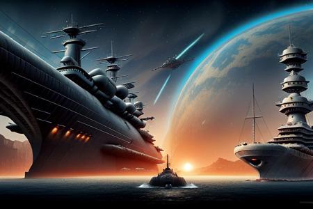 a space pirate battleship among the ruins of an advanced, futuristic city