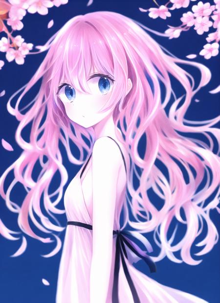 <lora:konekomari2-000035:1>, unknown, original, koneko mari, 1girl, bangs, blue eyes, blue hair, cherry blossoms, dress, expressionless, from side, long hair, looking at viewer, looking back, multicolored hair, pale color, pink hair, pink theme, solo, streaked hair, symbol-only commentary, upper body, wavy hair, white dress