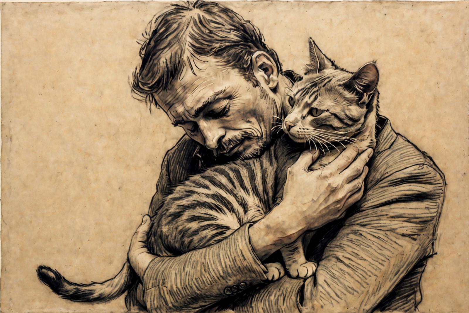 Man Hugging a Cat in a Painting