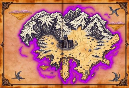 fantasy world map, one continent, snowy north, sandy south, forested east, middle castle. in the style of an old map, in an old book, surrounded by purple water, glowing edges, demonic. fjords.