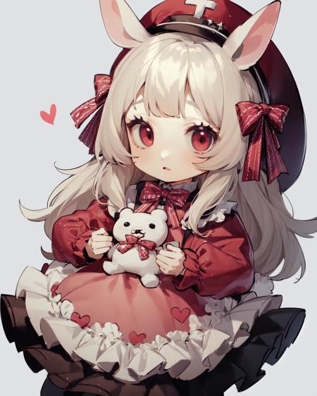 chibi, masterpiece, best quality, extremely detailed, detailed background, detailed face, 1girl, stuffed toy, stuffed animal, pink headwear, long hair, solo, hat, animal ears, teddy bear, red eyes, grey hair, heart, pink dress, dress, bow, white background, looking at viewer, mob cap, blush, v, long sleeves, hair bow, bangs, rabbit ears, food,  