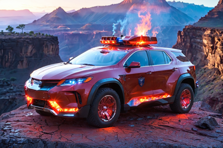 bioluminescent, a futuristic police car with siren lights, armored frame, solo, futuristic lights, glowing softly, futuristic volcano, glowing lava, floating platforms, detailed background, parked on a cliff, overlooking a canyon, sunset glow, environment focus, wide shot, a holographic panel, floating nearby, best quality, rich colors, photorealistic style, high detail, high-definition, hyper-realistic, extremely high-resolution details, fine texture, incredibly lifelike, realistic, not fantasy, not anime, not drawing, highres, 4K resolution, source photo, realistic photo, masterpiece, best quality, amazing quality, very aesthetic, ultra-detailed, detailed surfaces, natural metallic tones, soft lighting, matte red, sleek finish, soft light, overhead shot, <lora:Mystic_Lumina_r1-000007:0.9>