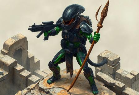 A battle-ready Alien Shocktrooper stands defiantly atop ancient ruins, its emerald-green form contrasting against weathered stone. Clad in a sleek black tactical helmet with advanced goggles, the warrior grips a primitive brown staff in its right hand while brandishing a futuristic black energy rifle in the left. The dynamic isometric composition showcases intricate details: glowing circuitry beneath armored plating, moisture beading on the helmet's visor, and particulate matter swirling in the air.