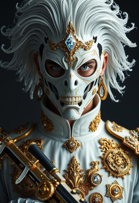 Full body portrait, angry expression, looking at camera,  whole body in frame, 
man, tall smart person, royal soldier, royal military, regal being,
ornate uniform, (white and gold porcelain royal celestial clothes), holding scifi weapon, mechwear, commando uniform, crystal details in armor, crystal ornate earrings, crystal jewelry, ornate fractal face mask, ornate gold dainty details fractal armor,
((((crystallization of the face)))), teeth made of quartz, ((((eyes made of ulexite)))), hair made of Fanlike acicular-fibrous crystal groups, thin crystal hair, flowing white fractal hair, large perfect eyes, crystal iris, eyes made of crystal, ((white porcelain skin)), (white_skin), glowing clear eyes, celestial eyes,  interweaving techno-anatomical and fractal elements, Ellen Jewett's intricate sculptural craftsmanship, no eyebrow hair,
dynamic lighting highlighting multifaceted textures, cinematic post-processing for an exquisite visual narrative, breathtaking surreal masterpiece,
sci-fi royal palace setting, single source lighting, low light setting, dark room, intense lighting,