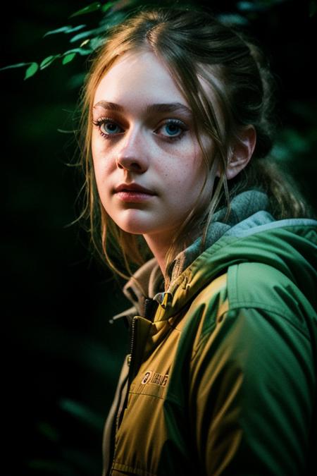 a woman exploring a forest at night, cinematic lighting, perfect evening, highly detailed face, (amateur, candid), RAW, 8K, UHD, (close up, head shot), [smiling:0.5], <lora:dakotaFanning:1>