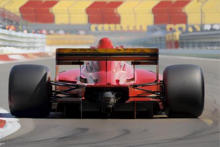 Photograph of the Ferrari 641 <lora:Ferrari 641 V1:0.75>, Formula 1 car, rear view, red background, simple background, 8k, 4k, perfect lighting, high quality, masterpiece, 1990's, digital photograph, rich colors, retro, film grain, cool colors