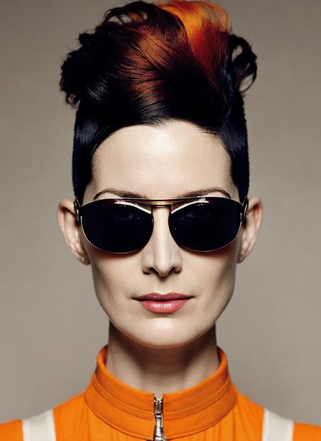 analog style, modelshoot style, portrait of sks woman by Flora Borsi, style by Flora Borsi, bold, bright colours, orange Mohawk haircut, ((Flora Borsi)), <lora:locon_carrie_v1_from_v1_64_32:1.3>