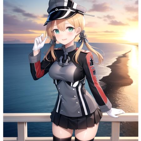 ((masterpiece)),(best quality),official art,extremely detailed CG,unity 8k wallpaper,ultra detailed,A lighthouse on a cliff by the sea,1girl,solo,cowboy shot,blonde hair,twintails,hair ornament,military uniform,anchor hair ornament,peaked cap,white gloves,low twintails,iron cross,breasts,smile,long sleeves,military hat,long hair,green eyes,aqua eyes,microskirt,black thighhighs,black skirt,pleated skirt,<lora:Prinz Eugen(kan)-remake>,