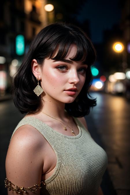 photo of (miaalves:0.99), closeup portrait, perfect hair, (modern photo, dress), 24mm, (analog, cinematic, film grain:1.3), (on the streets of Barcelona, nighttime, gritty:1.1), detailed eyes, (seductive pose), (epicPhoto), upper body, (looking at viewer), earrings