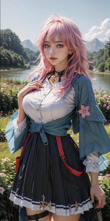 <lora:March_7th_V2.0:0.9>, March_7th(Honkai_StarRail),1girl, neck ribbon, pink hair, medium hair, blue jacket, white shirt, huge breasts, thighs, thigh strap, skirt, upper body, standing,((covering breasts)), (cowboy shot),(masterpiece, high quality, best quality), (colorful),(delicate eyes and face), volumatic light, ray tracing, extremely detailed CG unity 8k wallpaper,solo, ((flying petal)), outdoors, Breathtaking Landscape, Scenic Vistas, Tranquil Waters, Majestic Mountains, Verdant Valleys, Golden Sunset, Rolling Hills, Azure Sky, Serene Meadows, Picturesque Panorama