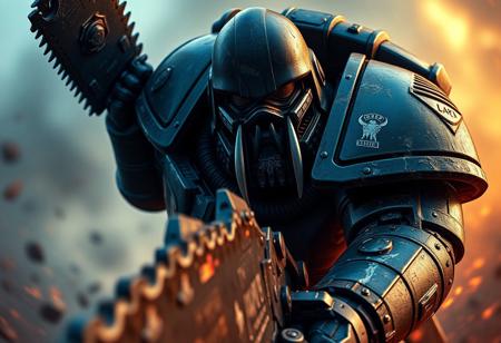 Create a 4K, Ultra-realistic, high-definition digital artwork portraying an Adeptus Astartes (Space Marine) holding a chainsaw, with venom fangs and a black and blue color scheme. The image should have a mix of micro and lifelike details, but with a slightly blurred effect to convey intensity. Incorporate the styles of Diego Koi and Arkane Lyon, and make it suitable for a movie poster or concept art. Use a fisheye perspective and emphasize the face details, similar to the works of Greg Rutkowski and Brian Sum.