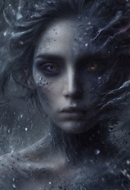 Completely black screen, absolutely nothing, pure black, detailed, but the old goddess with glowing darkviolet eyes are rising, FastNegativeV2, ral-dissolve, dream