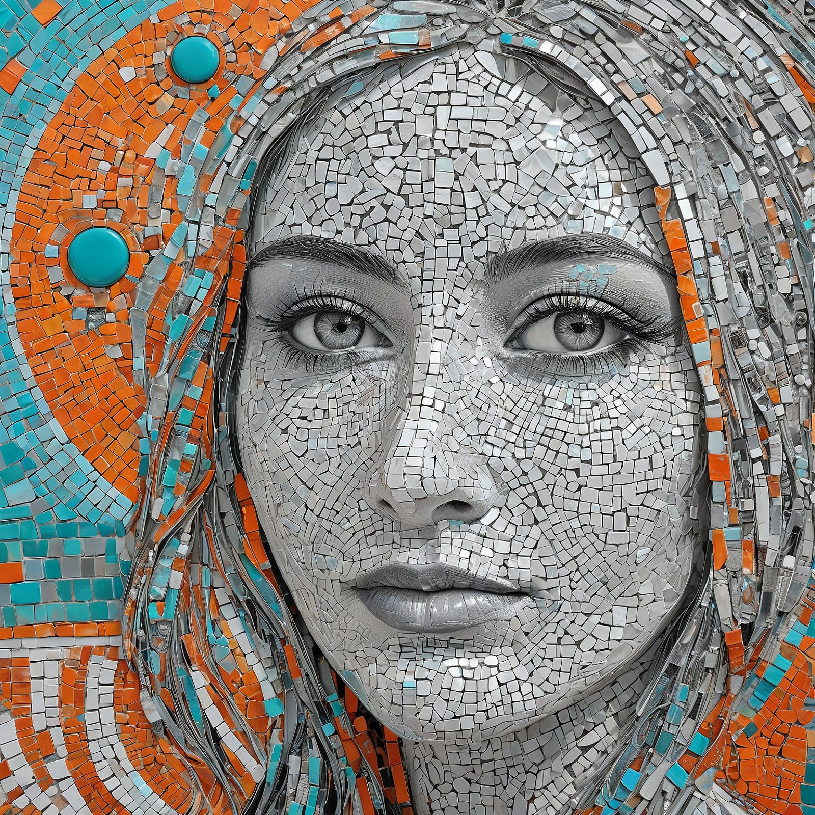 Portrait of a colorless woman against turquoise and orange, her vibrant details replaced by a monochrome mosaic
