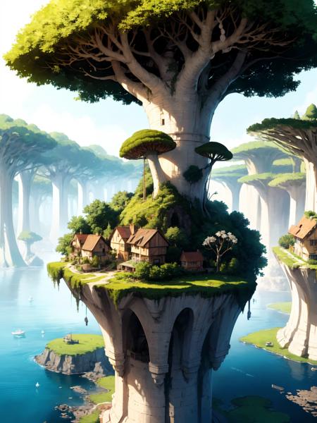 ((extremely detailed illustration)), highres, ((extremely detailed and beautiful background)), (professional illustrasion), (official art), ((Ultra-precise depiction)), ((Ultra-detailed depiction)), (beautiful:1.2 and aesthetic:1.2), beautiful detailed, intricate:1.1, 
A village where large mushrooms grow in a vast sea of trees spreads out. Houses are built under the umbrella of the mushrooms, and fairies and wizards live there.,