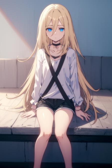 Rachel,1girl, solo,long_hair,hair_between_eyes, choker, blonde_hair,  black_choker, full_body, looking_at_viewer, collarbone, blue_eyes,expressionless, sitting,short shorts, listless eyes