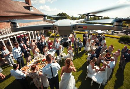 Side view from above of a wedding buffet on a sunny summer day on the open lawn of a country house. The groom, the bride in white wedding attire, the bride's girlfriends, many guests, waiters with drinks on trays. Several futuristic drones with professional video equipment fly over the wedding buffet, choosing successful views and filming. 64 megapixels