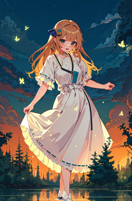 masterpiece,best quality,1girl,depth of field,night,starly,medium breasts,dancing on the lake,light brown hair,long hair,hair ornament,translucent,white dress,gold eyes,splash water,water reflections,fireflies,wood pile,solo,tree,night,night sky,illumination,low-key lighting,dimly lit,cloud,mountain,forest,lake, more butterfly, <lora:像素画:0.8>