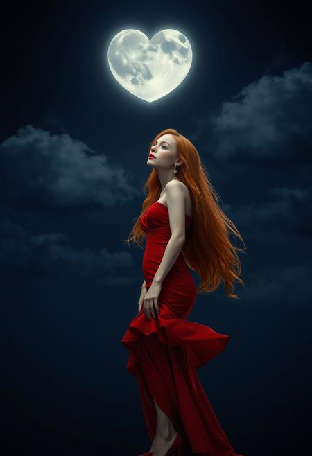 A sorrowful woman with pale white skin and long, flowing ginger hair stands alone beneath the night sky. She wears a stunning red dress that hugs her figure, paired with elegant red high heels. Her expression is melancholic as she gazes up at the moon, which glows softly in the shape of a heart. The night is deep and vast, with gentle clouds drifting around the heart-shaped moon. A faint breeze lifts the hem of her dress, adding a sense of quiet motion. The scene is illuminated by the moon’s soft, silver glow, casting a romantic yet bittersweet atmosphere.