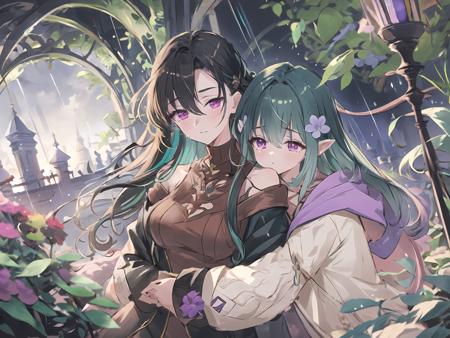 masterpiece,best quality,highres,cinematic lighting,dramatic angle,2girls,<lora:ShadowverseCastelle_VerdiliaV2-000013:0.8:lbw=icecream>,Castelle;Verdilia,hugging from behind,tears,brown sweater;black dress,jacket on shoulder,rain,plant,flowers,magic,red eyes;purple eyes,smile;:<,multicolored hair;short hair,black hair;green hair,,