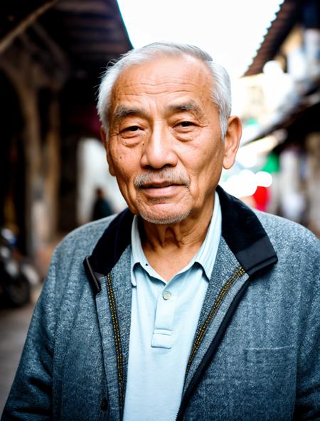 RAW photo, an old man <lora:CC_v1.1:0.8> on a street, half body shot, (high detailed skin:1.2), 8k uhd, dslr, soft lighting, high quality