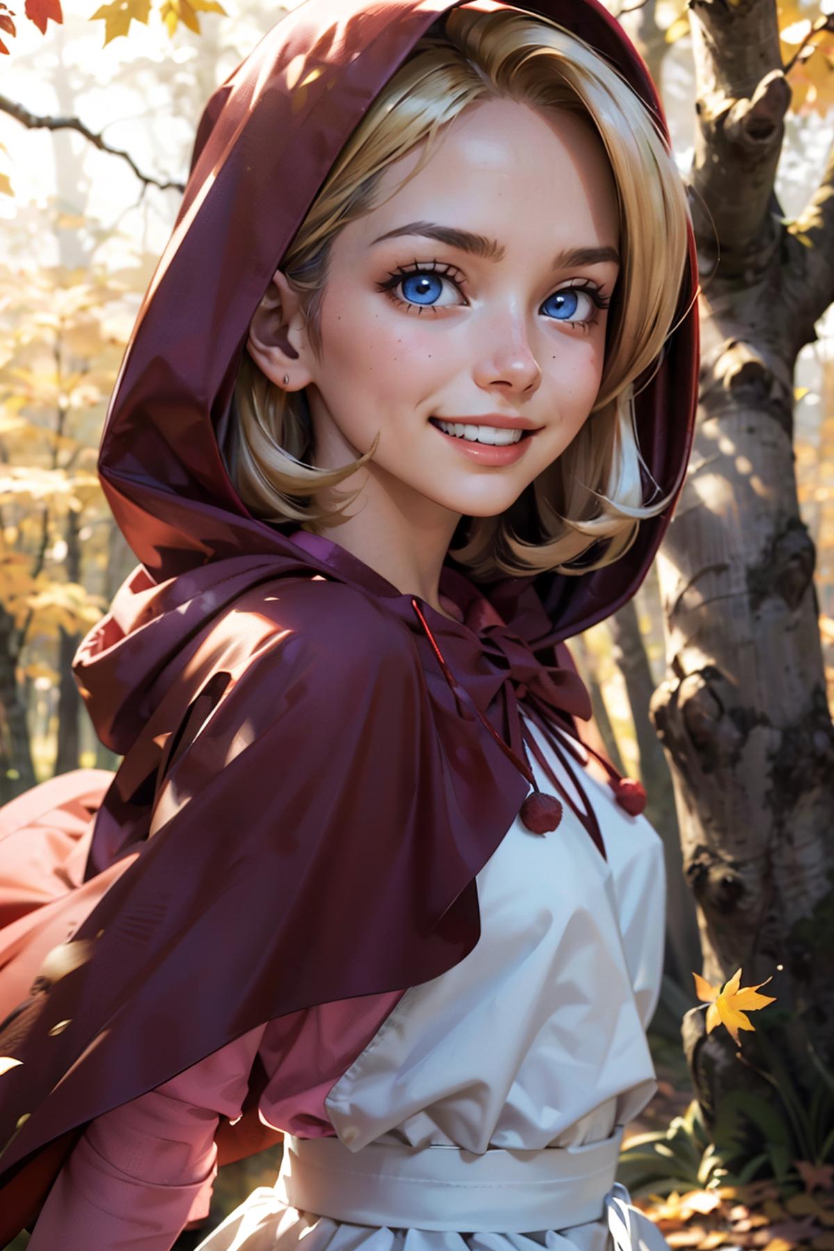 A cartoon girl with blue eyes and a red hood poses for a photo.