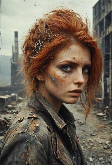 1girl, beautiful, orange hair, fantastical hair, eyeliner, focus on eyes, intricate details, cowboy shot, sfw, highlands in background, detailed background. Desolate ally in an abandoned factory. industrial site ,
ais-olde, DonM0ccul7Ru57XL