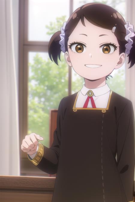 beckyblackbell, <lora:becky blackbell s1-lora-nochekaiser:1>,
becky blackbell, black hair, hair ornament, twintails, hairclip, scrunchie, hair scrunchie, (brown eyes:1.5), smile,
BREAK long sleeves, dress, school uniform, socks, black dress, eden academy school uniform,
BREAK indoors, classroom,
BREAK looking at viewer, (cowboy shot:1.5),
BREAK <lyco:GoodHands-beta2:1>, (masterpiece:1.2), best quality, high resolution, unity 8k wallpaper, (illustration:0.8), (beautiful detailed eyes:1.6), extremely detailed face, perfect lighting, extremely detailed CG, (perfect hands, perfect anatomy),