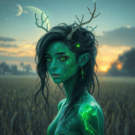 Tall slender Young Human-cyber-Dryad with light green luminescent skin with faint dark green “circuit like” veins, she has cybernetic clear green irises, she has lush dark green vine like hair with faint glowing braids dispersed randomly through her hair, she has small branch shaped antlers that give off a silvery aura Generate neon futuristic style image. Scene is walking luminescent wheat field that is lightly wooded at the edges with cybernetic trees, time is pre-dawn the stars and planets are still visible in the sky