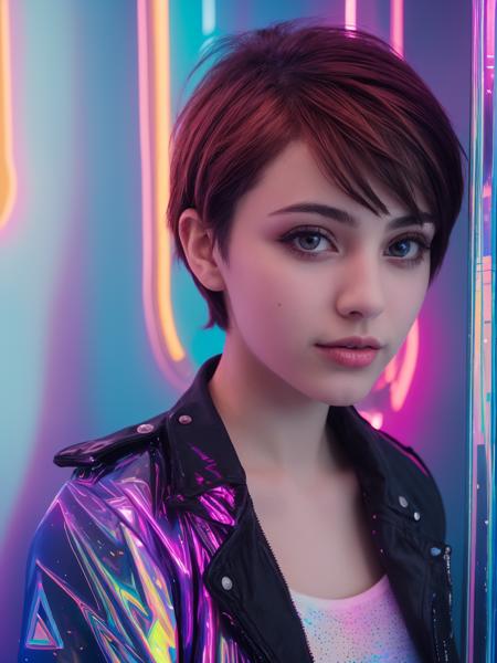dark shot, look upward, (a intelligent Turkish girl, 20 years old:1.1), short orange pixie bob hair, fit, small, reflections on the wall background, abstraction atmosphere, (prismatic, holographic:1.2), sparkles, neon pixels, (neon light:1.1), chaotic, fashion magazine, (intricate details:0.9), (hdr, hyperdetailed:1.2), geometric patterns, artistic photorealism